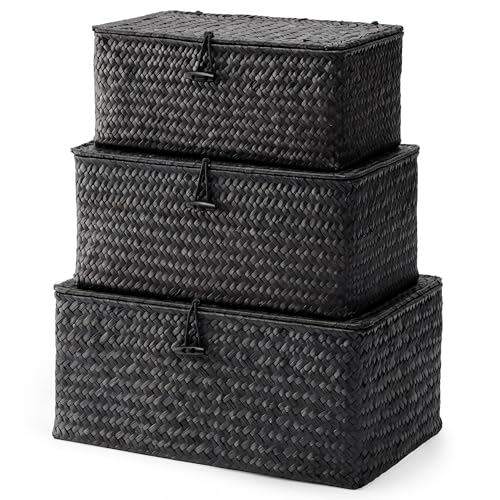 Nonam Storage Basket with Lid, Natural Seagrass Bin with Lid Set of 3, Shelf Baskets Multipurpose Container for Boho Decoration, Rectangular Household Storage Boxes for Home Organization-Black - color: Standard Black* Set of 3