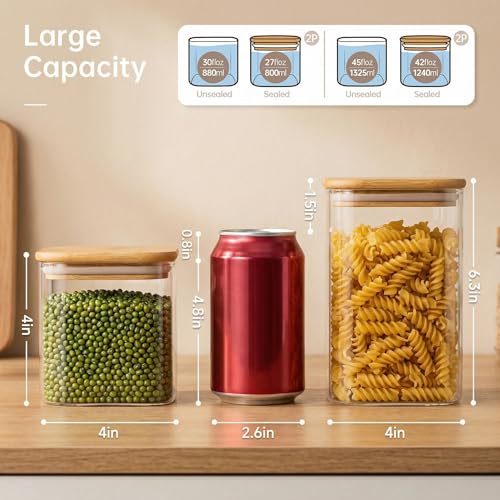 42 oz & 27 oz Square Glass Food Storage Containers with Bamboo Lids, 4 Pack | Pantry Jars for Flour, Sugar, Pasta & Spices, 3mm Borosilicate Glass Canisters Keep Food Dry & Fresh, Easy to Fill & Clean - color: 42oz 2Pack & 27oz 2Pack