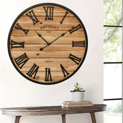 EMAX HOME 30 Inch Farmhouse Wall Clock - Large Rustic Wood, Silent Sweep, Battery Operated for Living Room Kitchen Office, Brown - size: 30 Inch