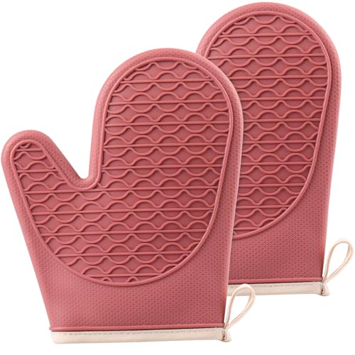Silicone Oven Mitts Heat Resistant, Short Mini Baking Gloves with Cotton Liner for Normal & Small Hnads, 1 Pair Red