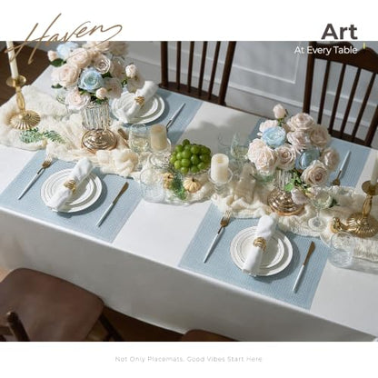 Leetaltree Woven Vinyl Placemats Set of 12, Mist Blue Sequin | Waterproof & Washable Dining Table Mats for Wedding, Anniversary, Daily Use, Hand-Cut, Easy to Clean - color: 00- Mist Blue Sequin, size: Set of 12