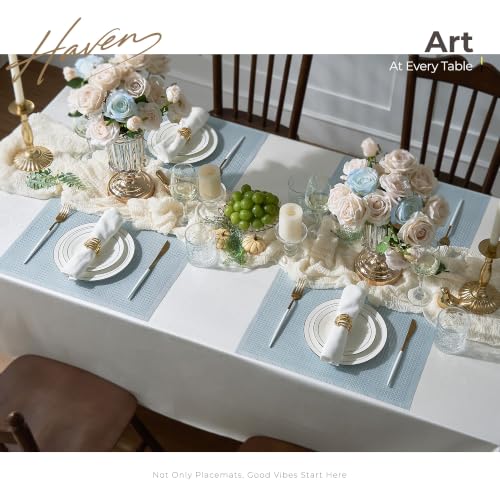 Leetaltree Woven Vinyl Placemats Set of 6, Mist Blue Sequin | Waterproof & Washable Dining Table Mats for Wedding, Anniversary, Daily Use, Hand-Cut, Easy to Clean - color: 00- Mist Blue Sequin, size: Set of 6