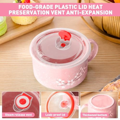 2 Pcs 30 oz Ceramic Soup Bowl with Lid and Handle Snow Flake Blossoms Cherry Pattern Microwave Soup Mug Instant Noodles Cup,2 Sets Stainless Utensils Fork Spoon Chopsticks with Case(Pink) - color: Pink