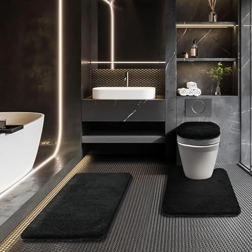 Bathroom Rugs Sets 3 Piece with Toilet Seat Cover 17.5"x 15" | Machine Washable Bath Rug Set with Tpr Non Slip Rubber Backing Solid Bath Mat Set for Luxury Bathroom Decoration - color: Black, size: 17.5" x 15"+ 32" x 20"+ U 24" x 20"