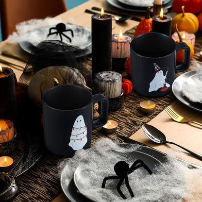 Halloween Mugs Mixed Set of 4, Scary Squad Stoneware Mugs 12 oz Ceramic Ghost Coffee Cup Black Drinking Cup Ghost Designs for Coffee, Tea, Halloween Decor Gifts, 3.3 x 3.7 Inch