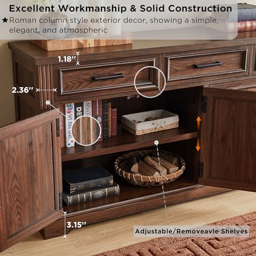 66" Farmhouse Buffet Cabinet with Storage, Sideboard Credenza, Carved Cloud-Inspired Doors, 3 Drawers & Adjustable Shelves, Coffee Bar Cabinet, Dark Brown - color: Dark Brown