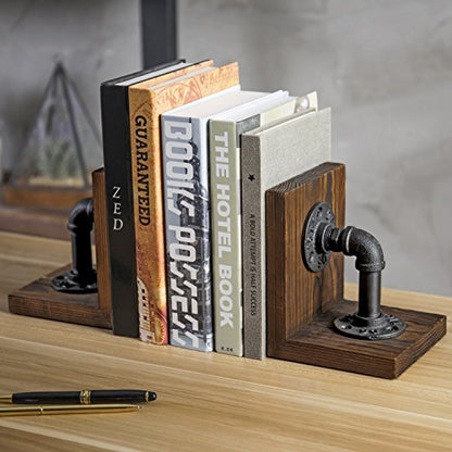 MyGift Rustic Wood Decorative Bookends with Industrial Pipe Design | Realistic Pipe Detail, Stable Support, Rustic Styling, Home Office Accent, Father’s Day Gift, Unique Shelf Display