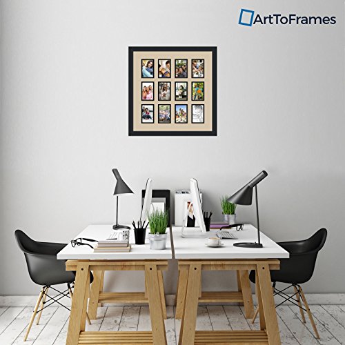 ArtToFrames Collage Photo Frame Double Mat with 12-3.25x4.75 Openings and Satin Black Frame - color: Grey Beige, size: 12 - 3.25x4.75
