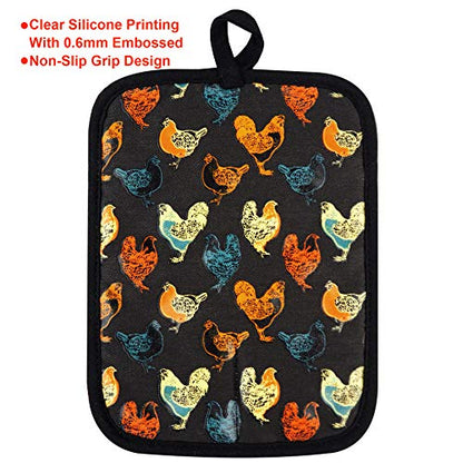 Pot Holders Set of 2,Non Slip Clear Silicone Printed Potholdes | Resistant 480 ℉,Comfortable Cotton Lining Kitchen Women Men Cooking Baking Microwave (Rooster, Black Potholders) - color: Rooster, Black Potholders