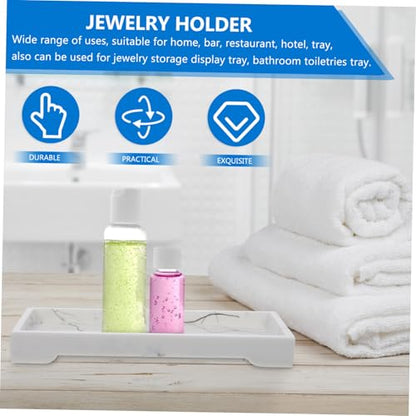 Veemoon Marble Design Composite Bathroom Vanity Tray with Jewelry Organizer and Cosmetics Storage Holder White for Countertop and Toilet Tank Organization
