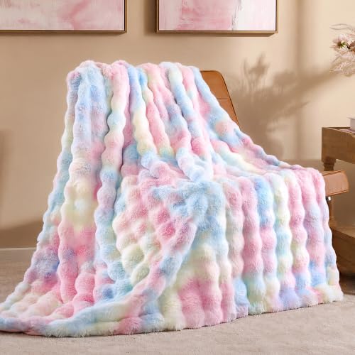 Faux Rabbit Fur Throw for Couch - Rainbow Bubble Blanket 60"x80" | Fluffy Plush Fuzzy Colorful Throw for Sofa & Bed, Super Soft Cozy Comfrt Blanket, Luxury Rainbow Decor Gift for Women - color: Rainbow, size: Twin(60" x 80")