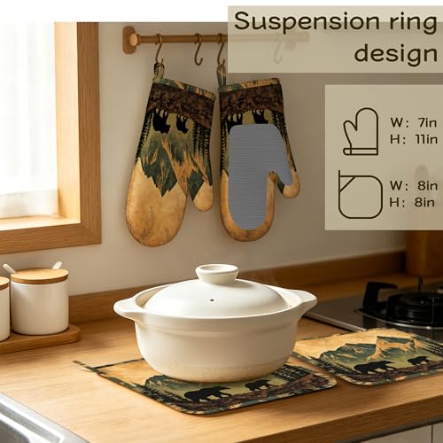 Retro Bear Mountain Oven Mitts and Pot Holders Sets of 4, Heat Resistant Silicone Oven Mitts Gloves Non-Slip Kitchen Mittens Potholders for Cooking Baking Grilling BBQ - color: Retro Bear Mountain