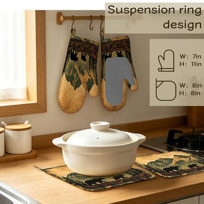 Retro Bear Mountain Oven Mitts and Pot Holders Sets of 4, Heat Resistant Silicone Oven Mitts Gloves Non-Slip Kitchen Mittens Potholders for Cooking Baking Grilling BBQ - color: Retro Bear Mountain