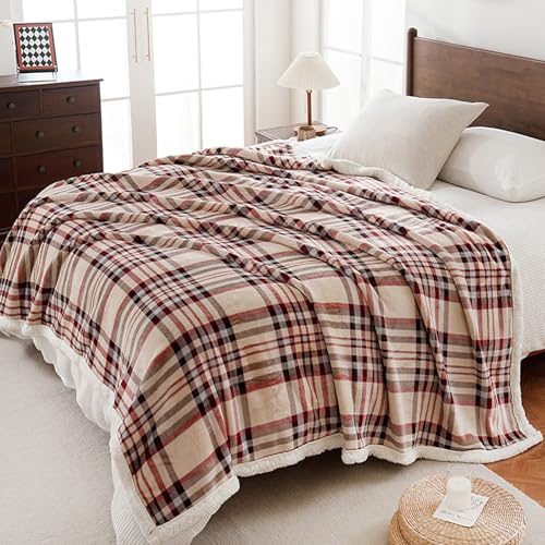 PU MEI Sherpa Fleece Throw Blanket 60" x 80" Reversible Plush Fluffy Large Big Blanket Lattice Flannel Blankets for All Season Use, Beige Stripe - color: Beige Stripe, size: 60"*80"