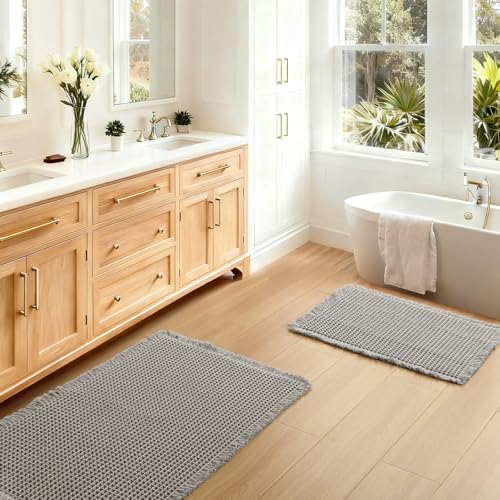 JIUZHEN Set of 2 Waffle Bathroom Rugs Super Absorbent Boho Bath Rugs Non Slip Washable Bath Mats Ultra Soft Machine Washable Shower Mats for Bathroom Floor, Tub, 16" x 24" +18" x 30", Grey - color: Grey, size: 16"x24" + 18"x30"