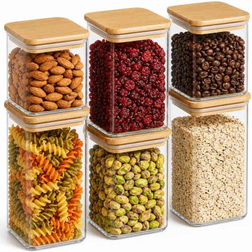 ComSaf Glass Pantry Storage Containers (0.7Qt/1.2Qt/1.6Qt) Set of 6, Square | Glass Storage Containers with Lids, Kitchen Canisters, Pantry Jar, Bamboo Lid with Silicone Seal, Flour Cereal Tea, BPA Free - size: 0.7Qt*2/1.2Qt*2/1.6Qt*2
