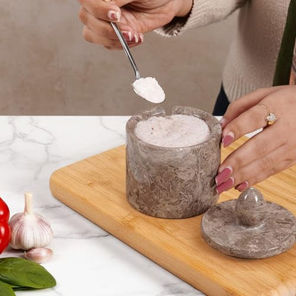 Marble Salt Cellar with Lid 4" Inch Oceanic Handmade Salt Jar & Spice Storage Containers For Kitchen Countertop, Ideal Sugar Bowl & Salt dish For Table - color: Oceanic