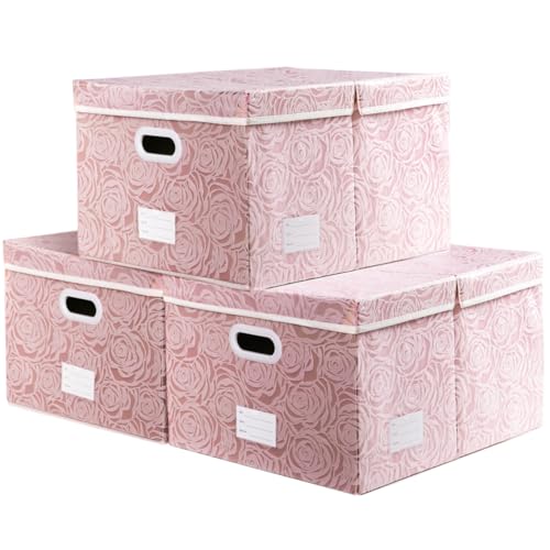 Extra Large Collapsible Storage Boxes with Lids Fabric Decorative Storage Bins Cubes Organizer Baskets with Cover Handles Divider for Bedroom Closet Living Room 19.6x15.7x11.8 Inch 3 Pack - color: Pink, size: X Large(3-Pack)