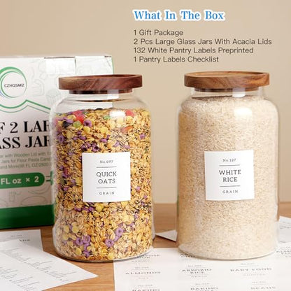 CZHQSMZ Set of 2 Large Glass Jar with Airtight Acacia Lid and 132 Kitchen Pantry Labels, Clear Glass Food Storage Jars Containers for Rice Flour Pasta Sugar Coffee Cookie and More(98 Fl Oz/2800 Ml) - color: 2800ml