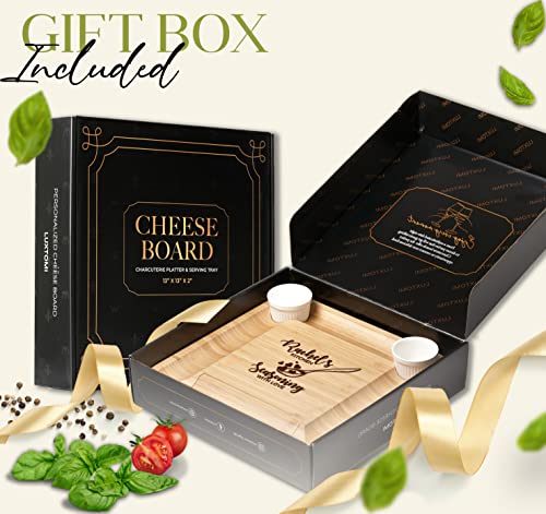 Personalized Bamboo Cheese Board and Knife Set - Custom Engraved Platter Serving Tray with Slide Out Drawer & 4 Stainless Steel Knives - Unique Gift Set for Anniversary, Wedding (Design 9) - color: Design 9