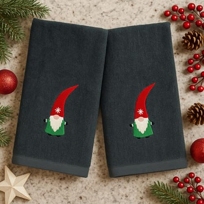 Christmas Guest Hand Towels: Grey Plush Terry Cotton Embroidered Spritly Gnome - color: Nordic Gnome