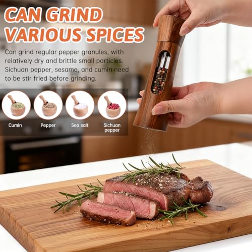 2Pack Wooden Salt and Pepper Grinder Set, 8-Inch Refillable Manual Salt and Pepper Mills with Clear View Window, Wood Shakers with Ceramic Grinder & Wooden Stand, Adjustable Coarseness