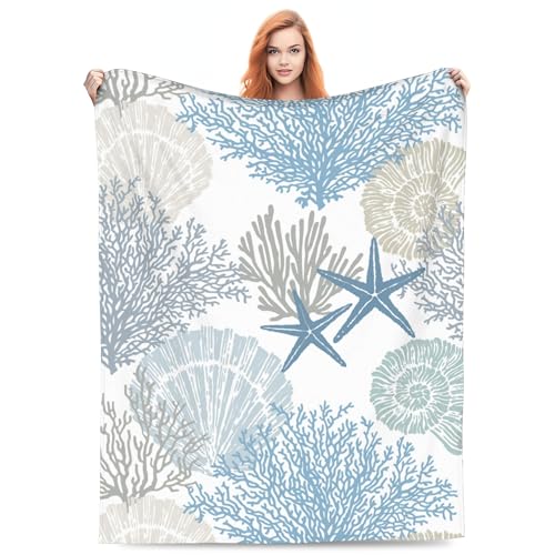 Nautical Coastal Blanket Starfish Seashell Coral Beach Themed Throw Blankets Gifts for Adults Sea Ocean Theme Lightweight Soft Fleece Cozy for Sofa Couch Bed Room Birthday Decor 40x50in - color: Nautical 06, size: 40x50in