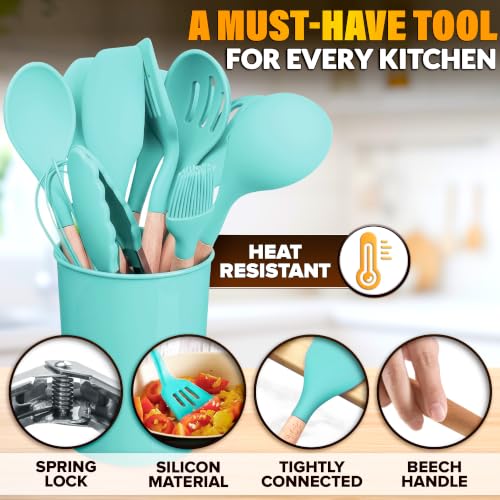 Teal Kitchen Utensils Set with Holder, 12 Pcs, Wooden Handle | BBQ Cooking Utensils that Bake, Serve, Mix & Flip; Silicone Heads Stay Non-Scratch on Nonstick Pots & Pans; Housewarming Gift - color: Teal