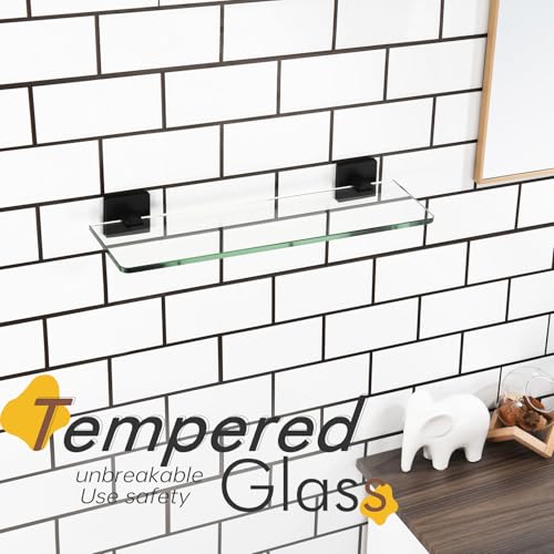 KOKOSIRI Bathroom Glass Shelf 16-Inch Tempered Glass Floating Shelves Shower Storage Kitchen Hanging Rack Wall Mount, Black Stainless Steel B1107BK-L16 - color: Matte Black, size: 16-Inch