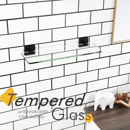 KOKOSIRI Bathroom Glass Shelf 16-Inch Tempered Glass Floating Shelves Shower Storage Kitchen Hanging Rack Wall Mount, Black Stainless Steel B1107BK-L16 - color: Matte Black, size: 16-Inch