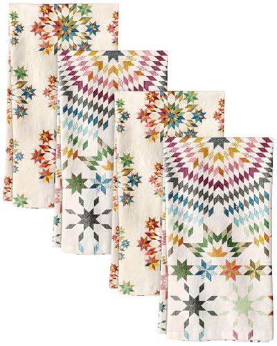 4 Pack 150GSM Flour Sack Kitchen Towels, Starburst Design | 16"x26", Lightweight, Lint-Free, Pure Cotton, Decorative, with Hanging Loop, Absorbent, Softer after Wash, Versatile, Durable - color: Starburst Design