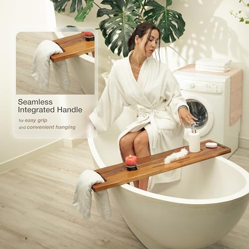 TINAMO 39" L Acacia Wood Bathtub Tray with Adjustable Width & Phone Slots | Adjustable Feet, 39" x 9.75" x 2.5", Phone & Drink Holders, Easy Assembly, Spacious Storage, Fits Most Tubs, Side Handle - color: Acacia, size: 39" x 9.8" x 2.5"