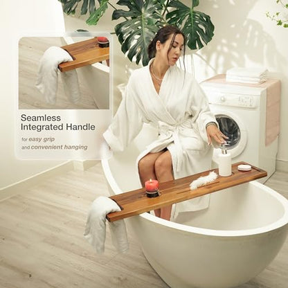 TINAMO 39" L Acacia Wood Bathtub Tray with Adjustable Width & Phone Slots | Adjustable Feet, 39" x 9.75" x 2.5", Phone & Drink Holders, Easy Assembly, Spacious Storage, Fits Most Tubs, Side Handle - color: Acacia, size: 39" x 9.8" x 2.5"
