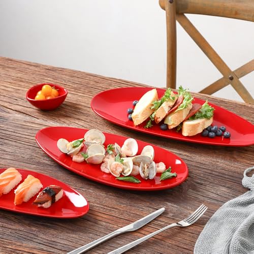 vicrays Large Oval Serving Platters, 16"/14"/10" Porcelain Serving Platters for Party, BBQ,Stackable Serving Trays Serving Plates for Appetizers, Sushi, Restaurant, Dessert, Set of 3 (Red) - color: Red