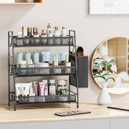 EKNITEY Bathroom Countertop Organizer Shelf - 3 Tier Counter Spice Rack | Metal, Removable Basket, Non-Slip Base, Makeup Rack, Small Coffee Station Organizer, for Sink Bedroom Kitchen Living room - color: Black with Basket