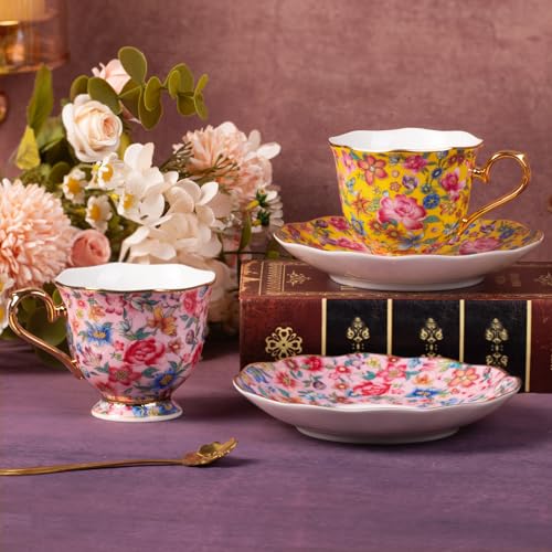 KAMMAK Tea Cup and Saucer, Ceramic Coffee Cups, 6.3 oz, Set of 2 | Porcelain Tea Cups with Saucers for Coffee and Cappuccino, Ideal for Breakfast, Afternoon Tea and Entertaining,645N+646N - style: 645N+646N