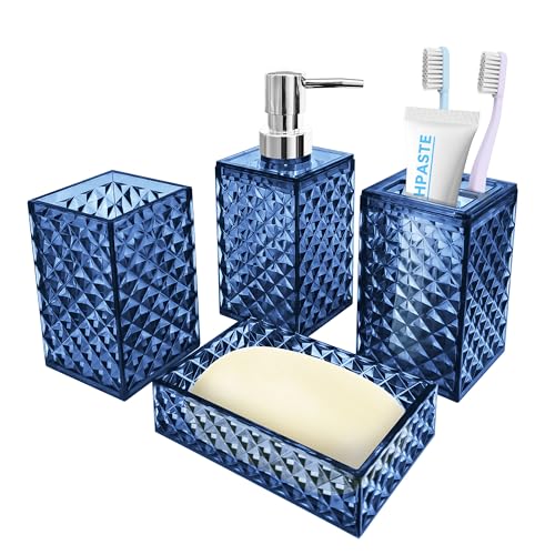 4 PCS Blue Bathroom Accessory Set,Plastic Bathroom Accessories Sets | Soap Dispenser and Toothbrush Holder Set, Soap Dish and Mouthwash Cup, Boho Bathroom Decor, Plastic Bathroom Sets Accessories - color: Blue, size: 4 pcs