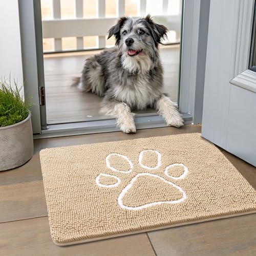 Smiry Dog Door Mat for Muddy Paws, Absorbent Non Slip Dirt Trapper, 24x16 | Beige and White, Quick Dry Washable Chenille Mat for Mud Dogs, Entry Rug for Indoor and Outdoor - color: Beige and White, size: 24"X16"