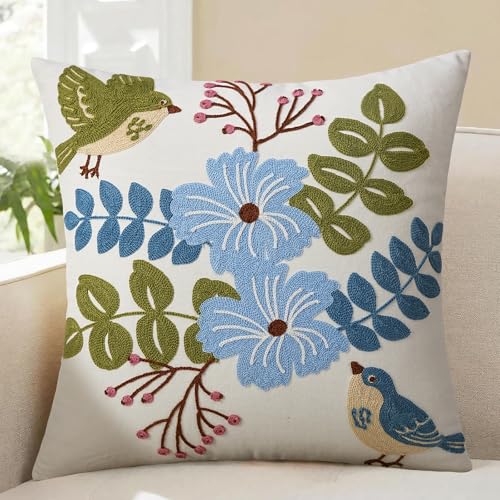 Merrycolor Embroidered Pillow Covers18x18 Inch Decorative Throw Pillow Cover with Animal and Flower Aesthetic Design Bohemian Pillowcases for Spring/Summer Living Couch Sofa Bed Room Decor Green Bird - color: Blue and Green