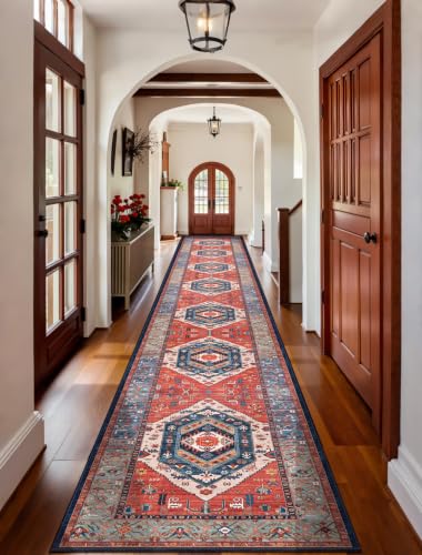 SERISSA 2'6"x18' Washable Non Slip Boho Runner Rug for Hallway，Rust | Ultra Soft Vintage Oriental Carpet Low-Pile Tribal Floor Carpet for Kitchen Bedroom Entryway Bathroom Laundry Room - color: Rust/Multi, size: 2'6" x 18' (Runner)