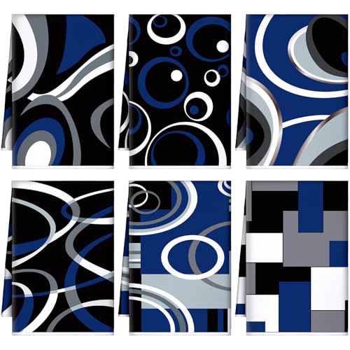 Boyiee 6 Pcs Modern Geometric Kitchen Towels | Black Gray Blue Dish Hand Towels, 24 x 16 Inches Gifts, Geometric Decorative Tea Cloth Gifts for Farmhouse Kitchen Bathroom - color: Black and Blue