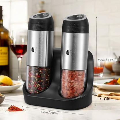 Rechargeable Gravity Electric Salt Grinder Set,Stainless Steel | with Variable Grinding Speed, External Adjustable Coarseness,Charging Base and White LED Light - color: Stainless Steel with Charging Base