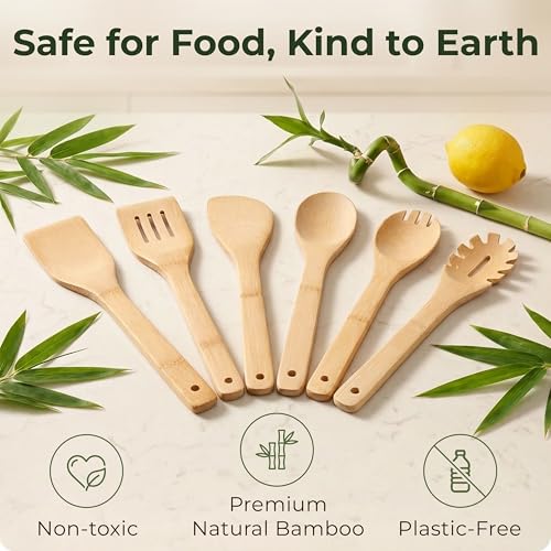 Wooden Spoons for Cooking, 6 Pcs Bamboo Utensil Set – Nonstick Safe | Heat-Resistant, Easy to Clean & Sturdy – Smooth Finish with Comfortable Handles, Food-Safe - size: 6 Pieces