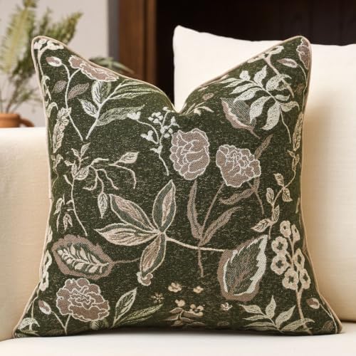 Green Floral Textured Throw Pillow Cover 18x18 Fall Vintage Rust Pillow Cover Farmhouse Summer Leaf Cushion Cover Chenille Neutral Flower Pillowcase Home Decor for Sofa Living Room Bedding - color: Green, size: 18" x 18" (Pack of 1)