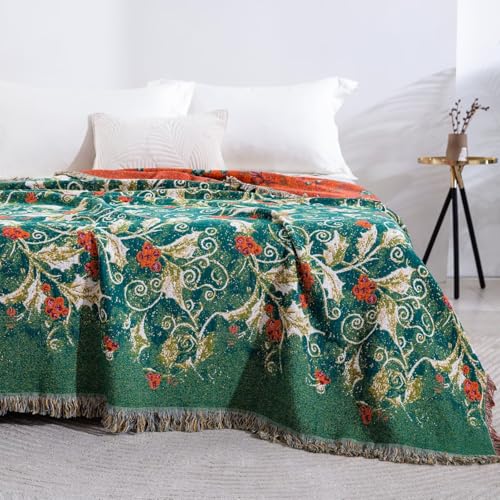 100% Cotton Muslin Floral Throw Blanket 60''x80'', Soft Breathable Lightweight Quilt, Reversible Boho Botanical Vintage Bedspread Coverlet, Fringed Emerald Green Berry Bed Sofa Couch Décor - color: Berry Foliage, size: 60"x80"