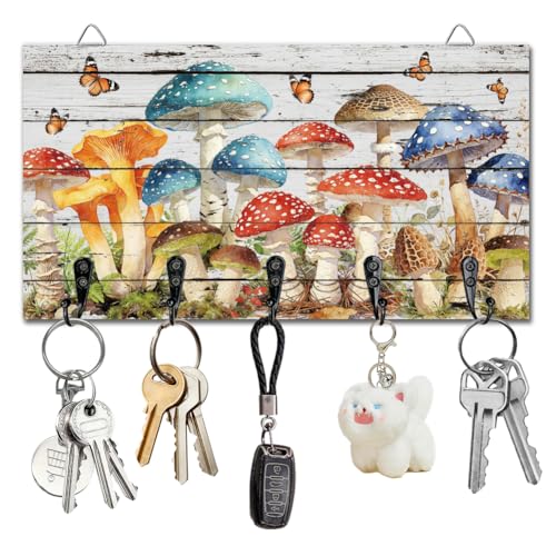 Retro Mushrooms Key Holder Key Hooks Organizer Hanger Rack Butterflies Wall Mounted Wooden Key Rack with 5 Key Hooks for Home Entryway Front Door Kitchen Hallway Bedroom Wall Decor - color: Retro mushrooms