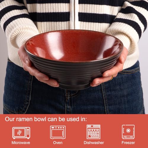 Ceramic Japanese Ramen Bowl Set, 2 Sets Asian Pho Udon Soup Noodle Bowls with Spoons and Chopsticks (Red, 8 inches) - color: Red