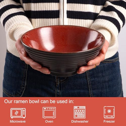 Ceramic Japanese Ramen Bowl Set, 2 Sets Asian Pho Udon Soup Noodle Bowls with Spoons and Chopsticks (Red, 8 inches) - color: Red
