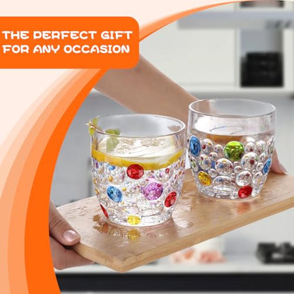 Handmade Crystal Water Glasses, So Cute, Colored Beaded, Set of 6, Bubble Design, 11oz Modern Hobnail Drinking Glasses, for Water,Whiskey, Wine, Beer,Juice,Cocktail,Coffee, Champagne, Gift