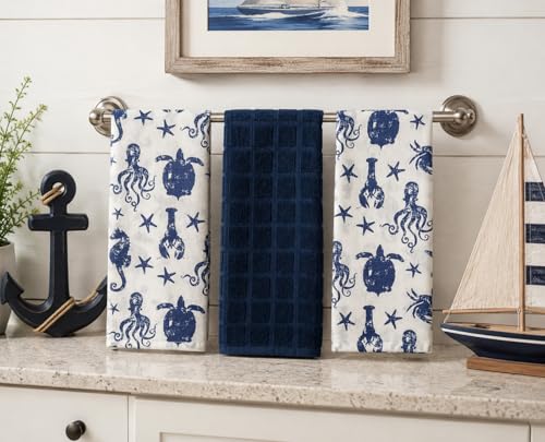 Summer Kitchen Pot Holder Oven Mitt Dish Towel Set: Fun Navy White Coastal Design, 5 pc Set (Coastal Blue) - color: Coastal Blue